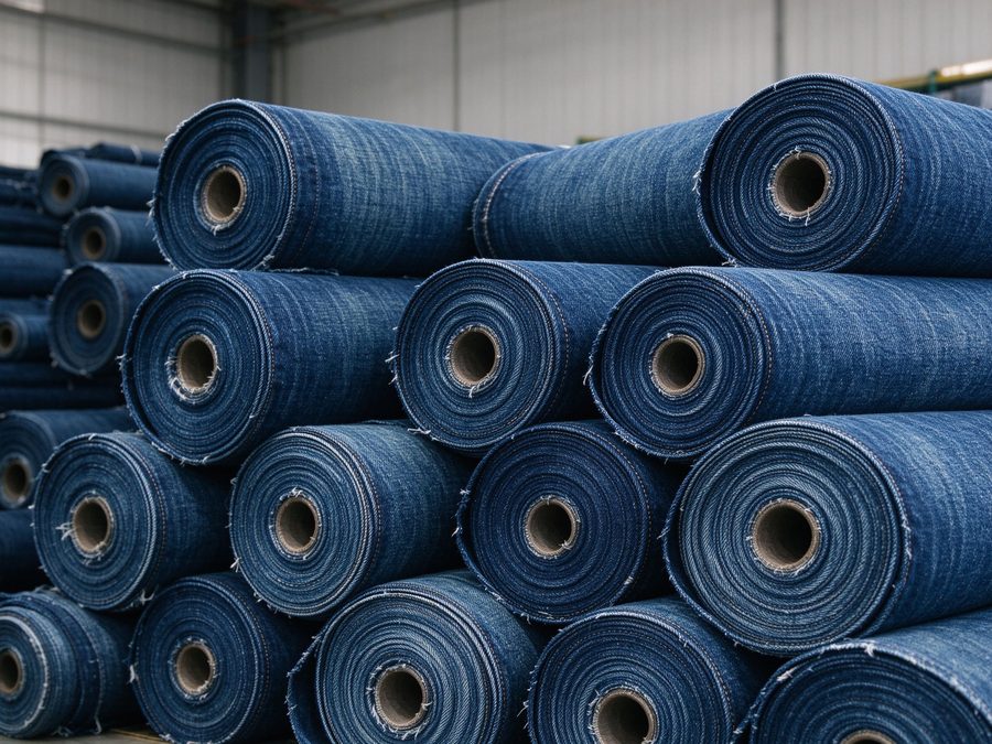 Rolls of deep blue denim fabric stacked in a warehouse