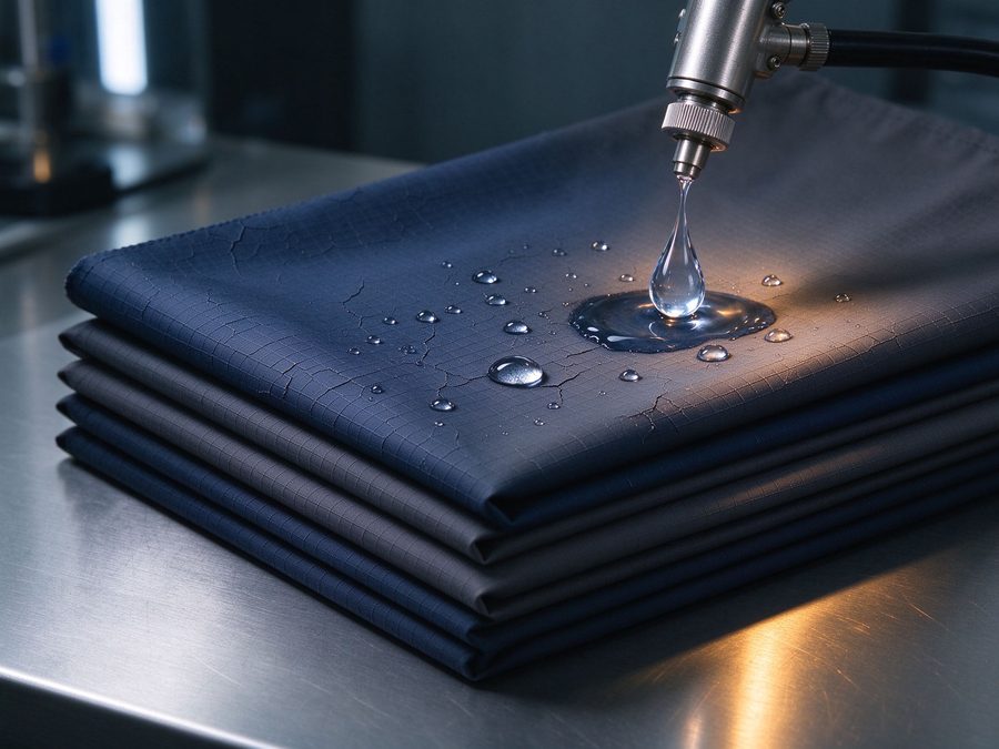 Technical fabric sample with a water droplet test on a metal table