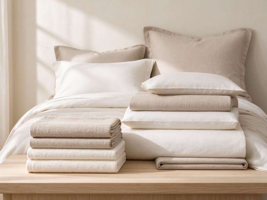 Folded linen bedding, towels and cushions in warm neutral tones