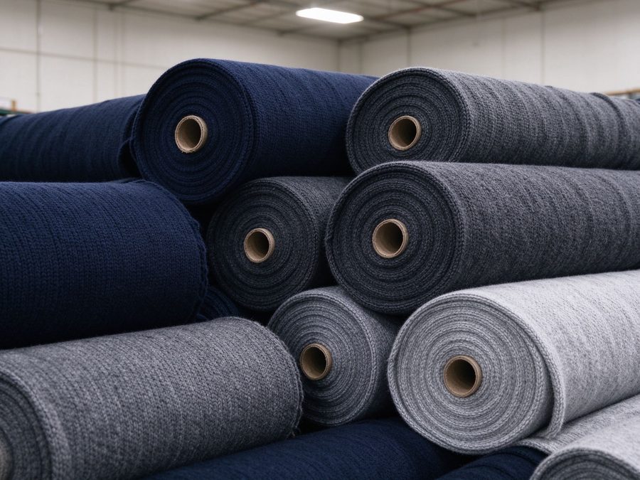 Rolls of knitted fabric in navy, charcoal and grey