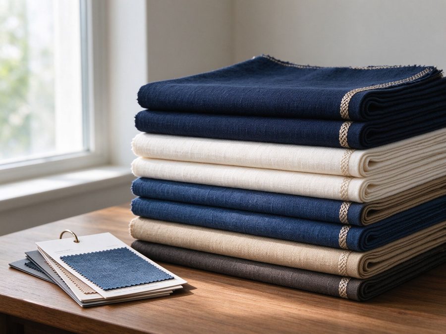 Stacked woven cotton and linen fabrics in navy and natural tones