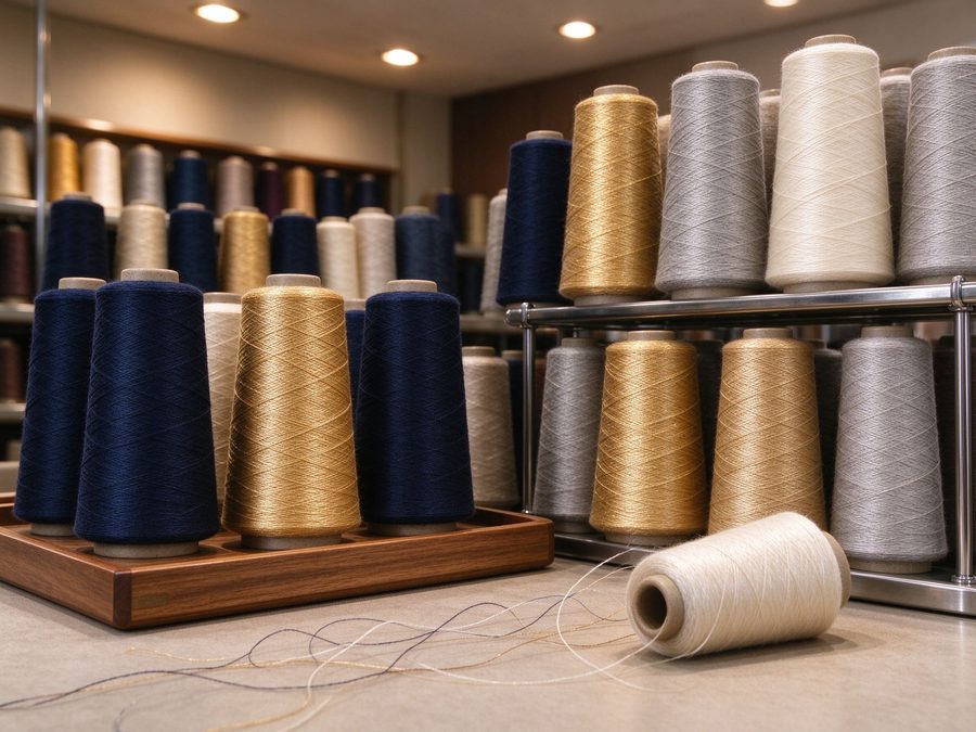 Yarn cones in navy, gold, ivory and grey on wooden trays