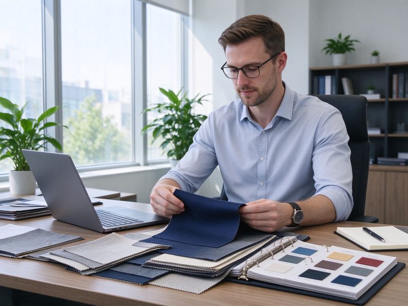 Buyer reviewing fabric samples at a desk with a laptop