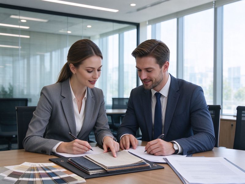 Two business people discussing fabric samples around a meeting table