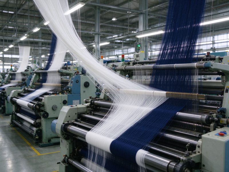 Textile looms weaving navy and white yarn in a bright mill