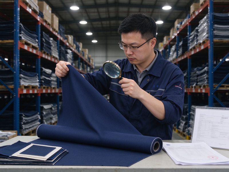 Quality inspector checking a navy fabric roll with a magnifier