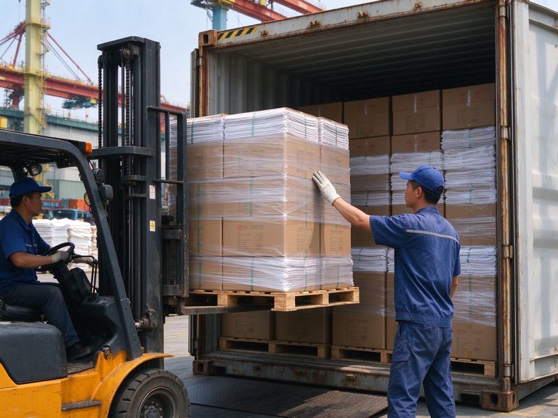 Forklift loading wrapped textile cartons into a container
