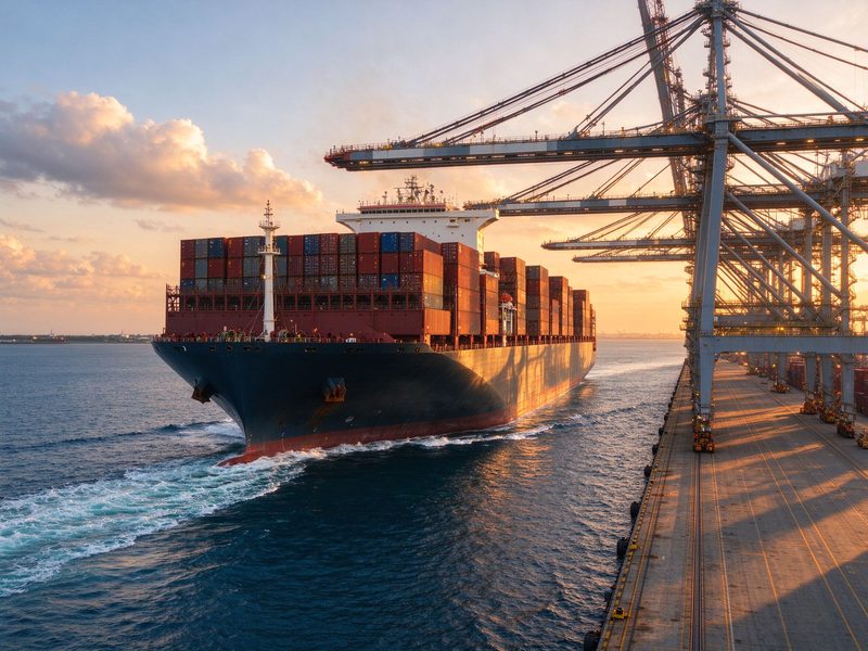Container vessel leaving the port at dusk