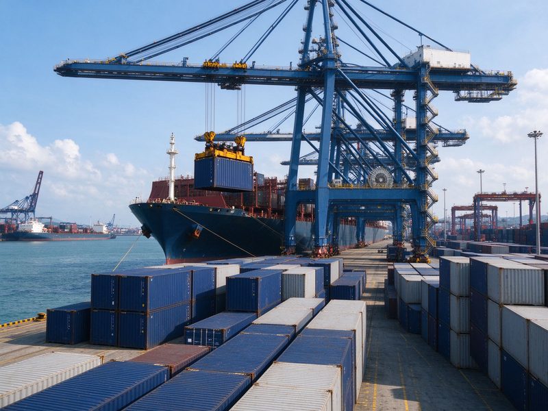 Quay crane unloading containers at the destination port