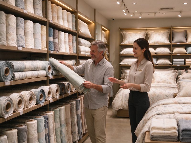 Customer choosing fabric in a textiles retail store while staff assists